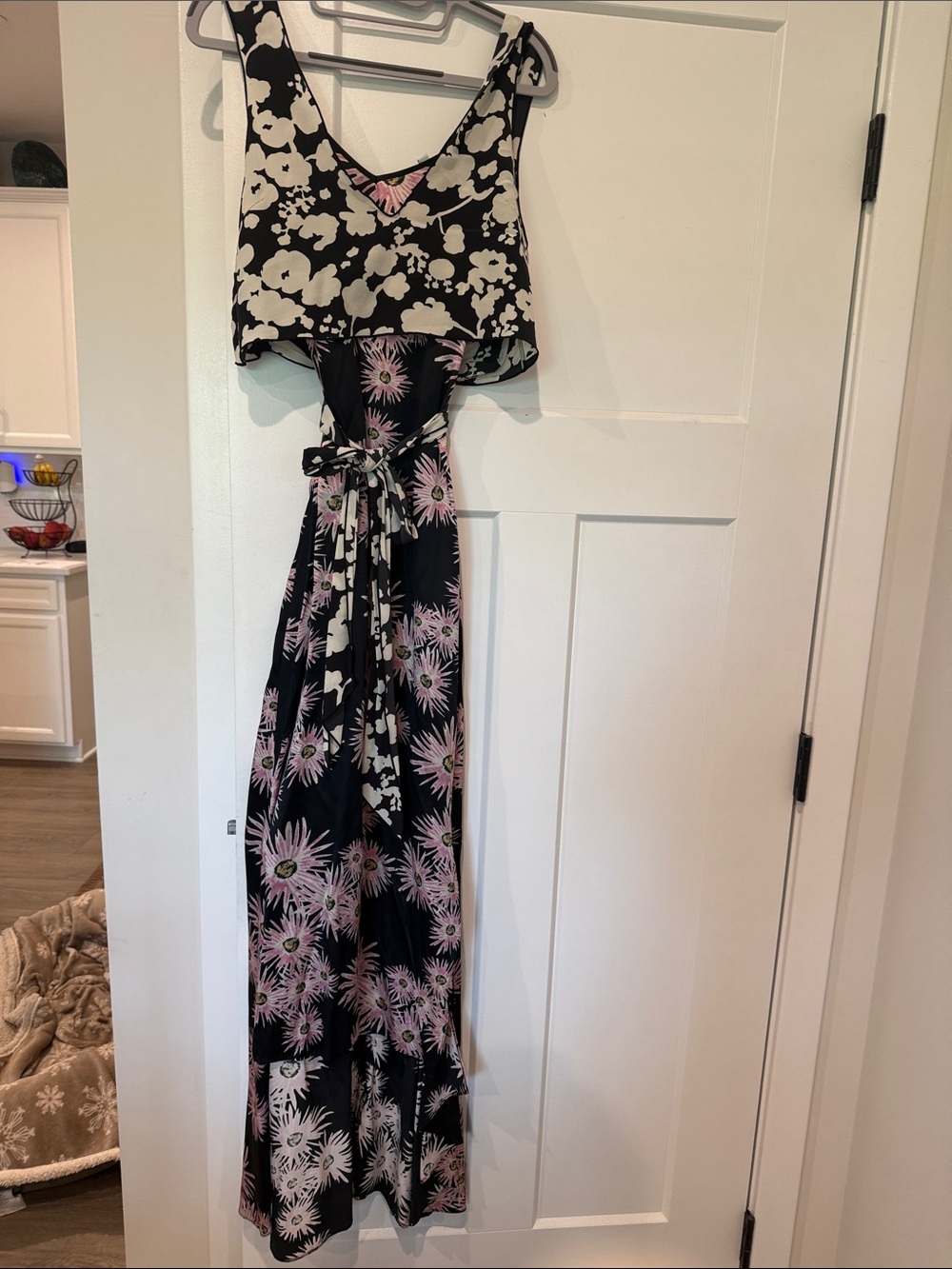 Black and Pink Floral High-Low Maxi Dress with Tie Waist